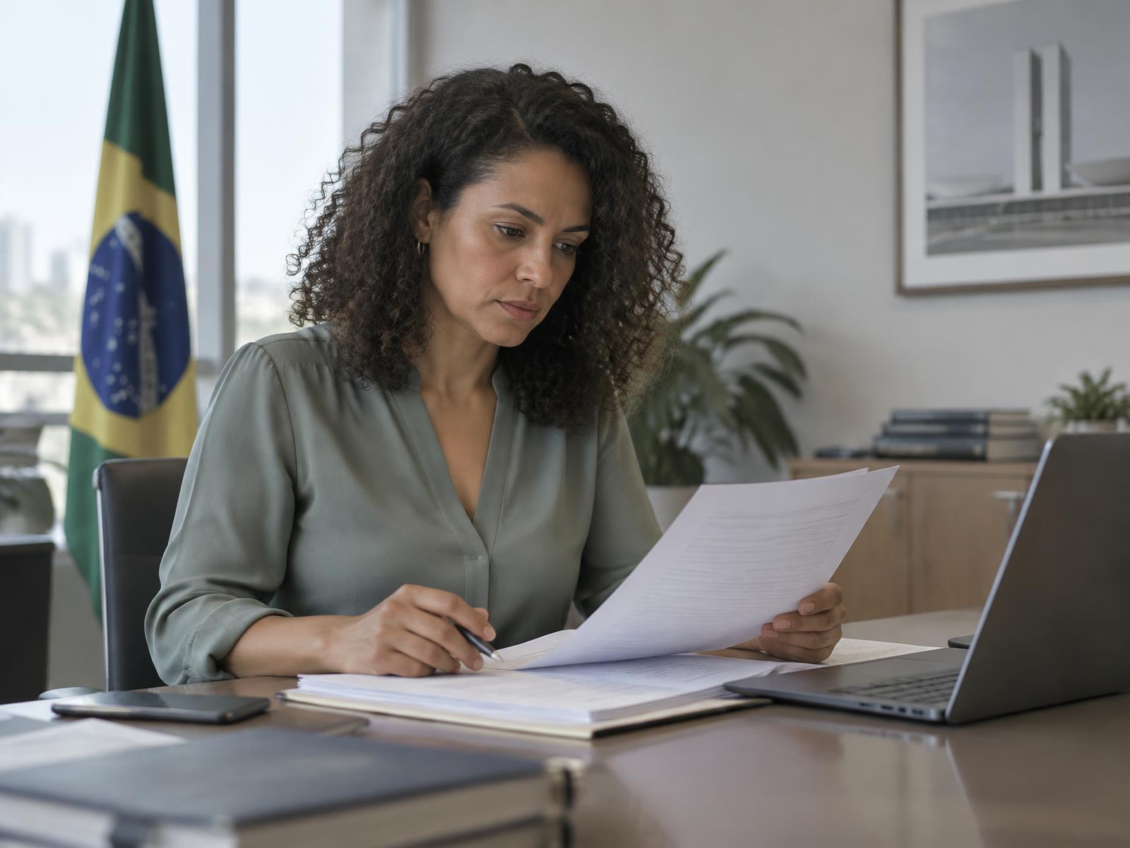 Servidora pública analisando documentos em ambiente profissional